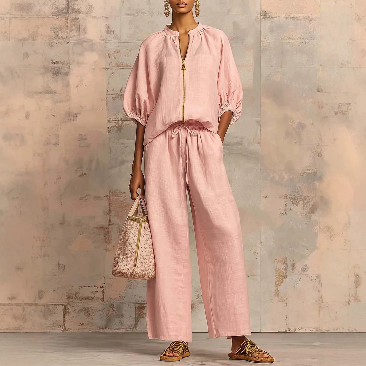 Women's Casual Solid Zip Crew Neck Wide Leg Pants Set