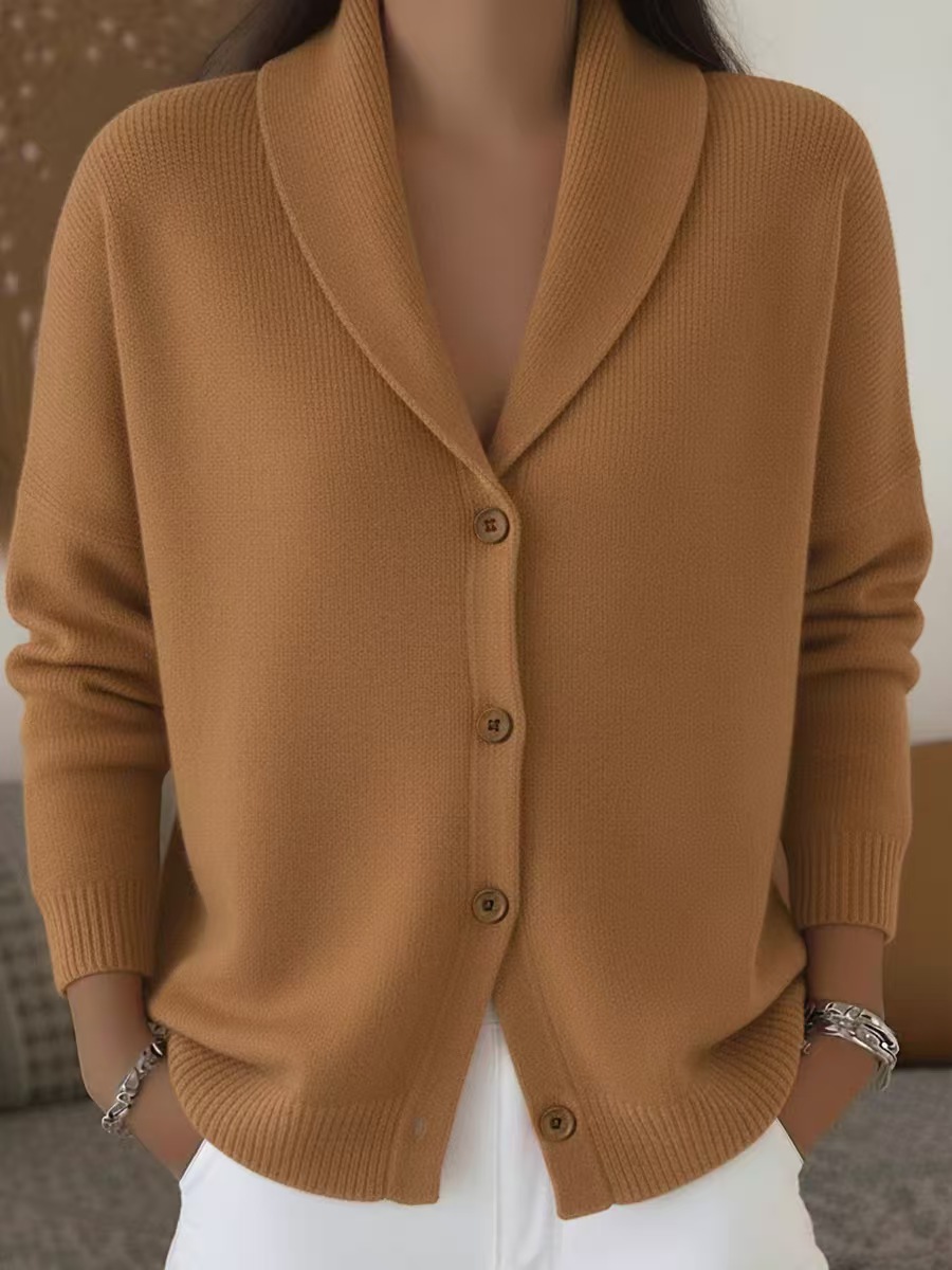 Button-Up Knit Collared Cardigan Sweater Coat Solid Color Women's