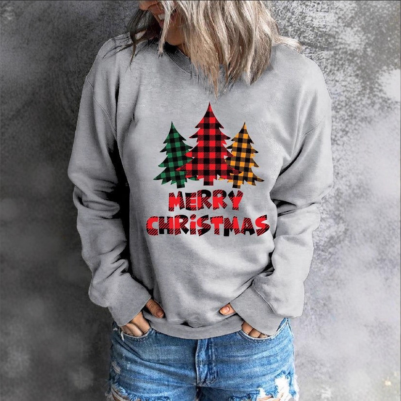 Women's Colorblock Plaid Cartoon Tree Crewneck Sweatshirt
