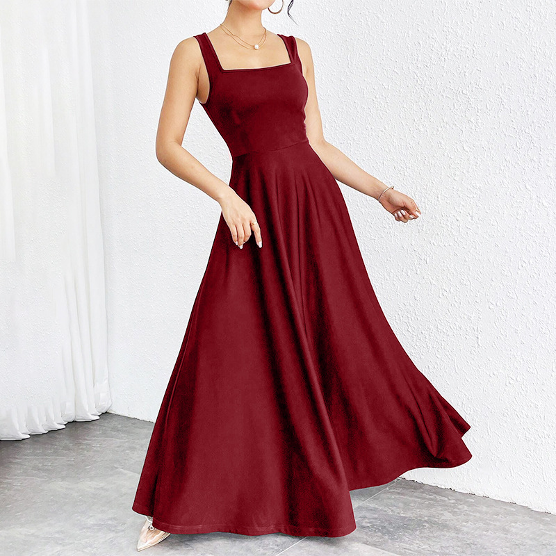 Women's Square-Neck Midi Dress with Wide Straps and Fitted Waist