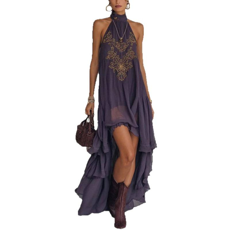 Purple High Neck Sleeveless Ruffled Maxi Dress