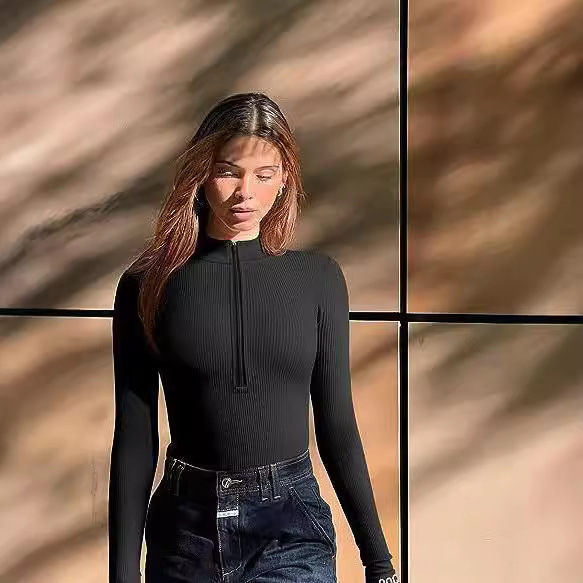Women's Ribbed Long Sleeve Front Zip Bodysuit