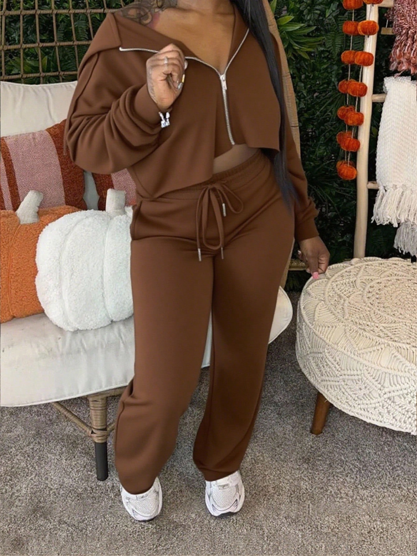 Women's Solid Color Crewneck Sweatshirt and Pants Two-Piece Set