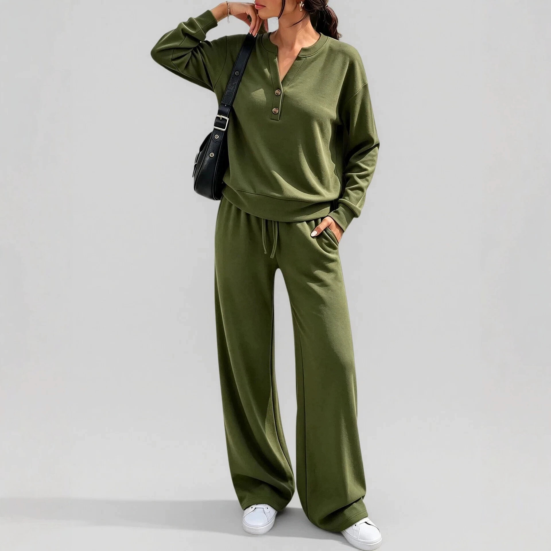 Women's Loose Long Sleeve Top & Wide Leg Pants Two-Piece Set