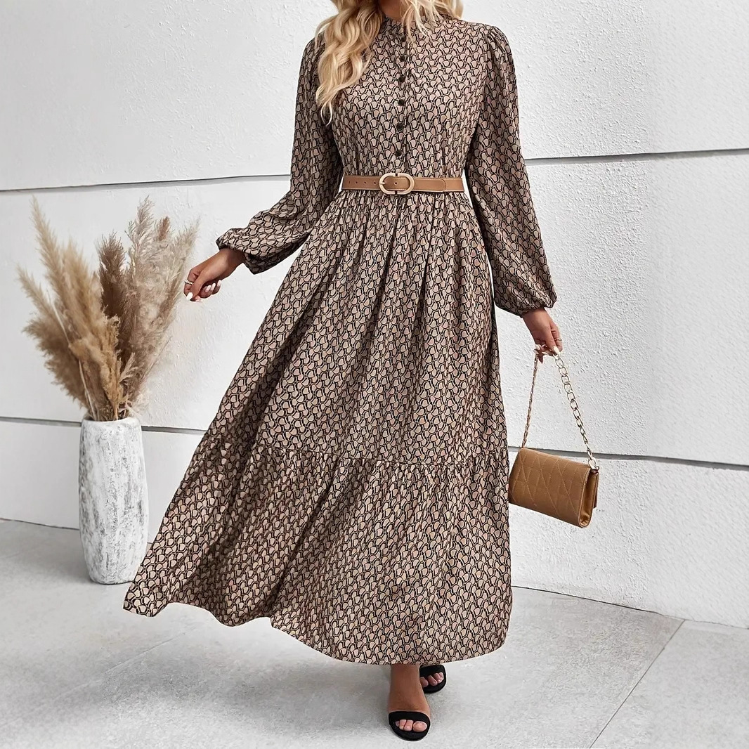 Elegant A-Line Long Dress with Geometric Print, Button Neck, Lantern Sleeves, High Waist, Acetate Satin