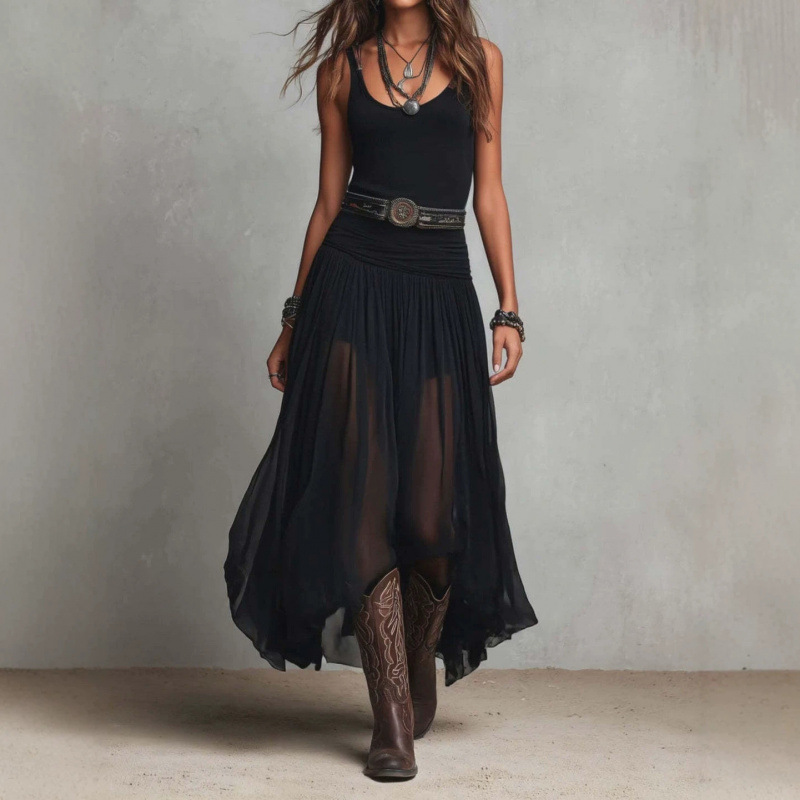 Women's Summer Slim Fit Low Neck Mesh Spliced Dress