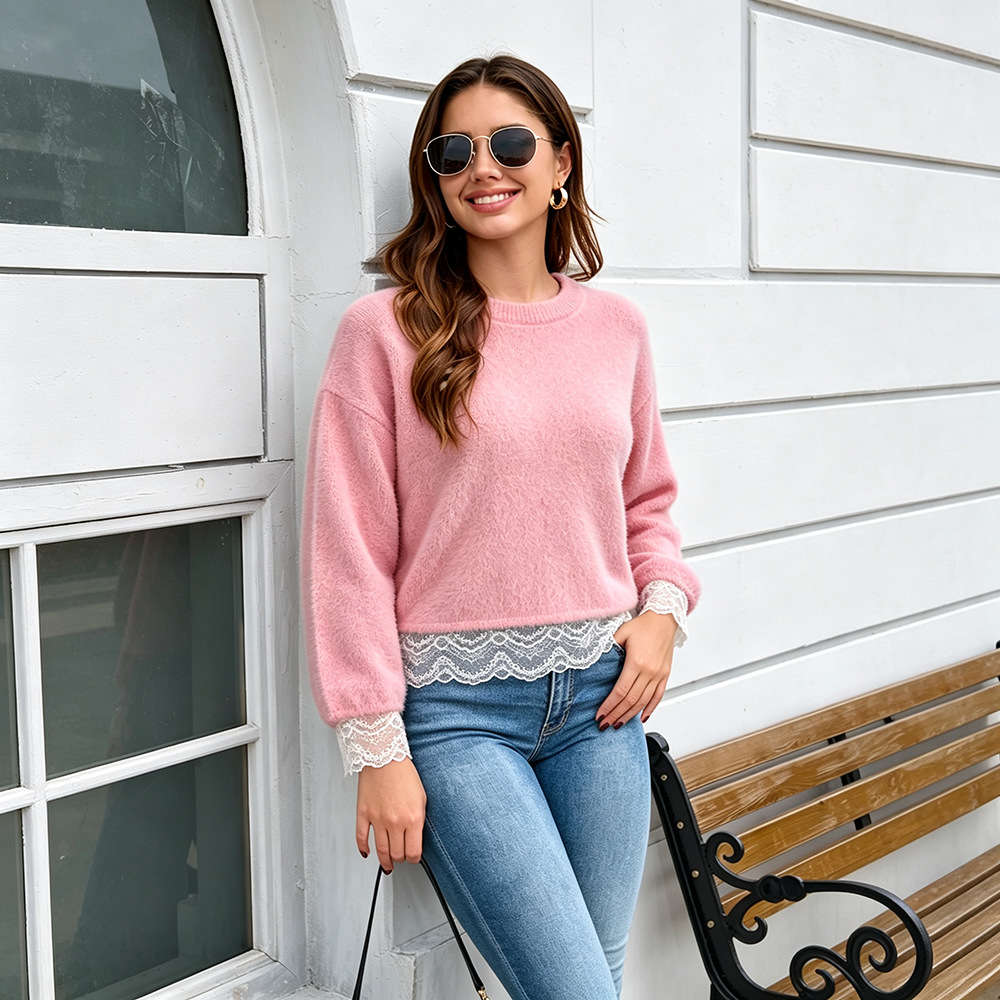 Lace Trim Hem Soft Knit Sweater Solid Color Pullover