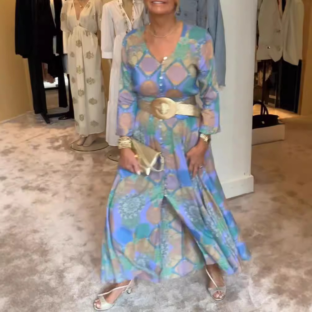 Floral Print V-Neck Long Sleeve Belted Maxi Dress