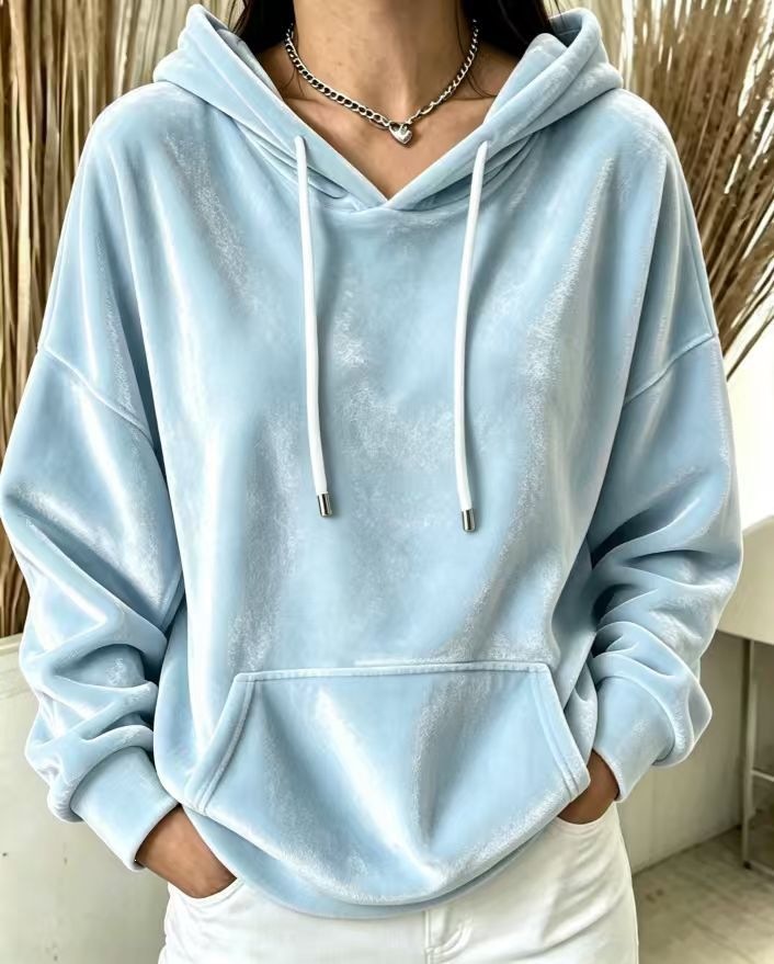Velvet Hooded Drawstring Pocket Pullover Sweatshirt