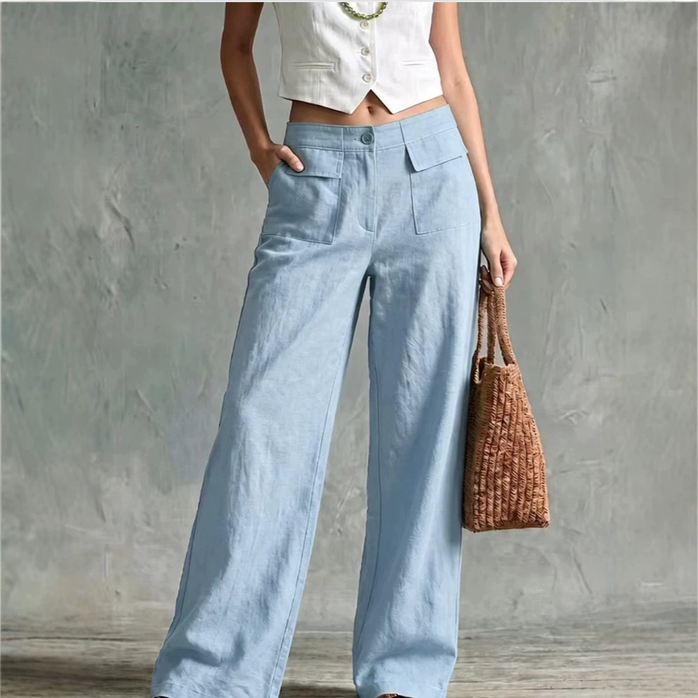 Women's High-Waist Wide-Leg Cotton-Blend Casual Pants
