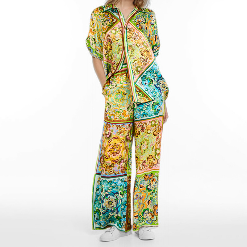 Retro Print Two-Piece Set with Lantern Sleeves and Collared Shirt