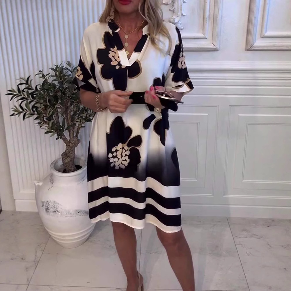 Floral Print V-Neck Short Sleeve Loose Casual Dress