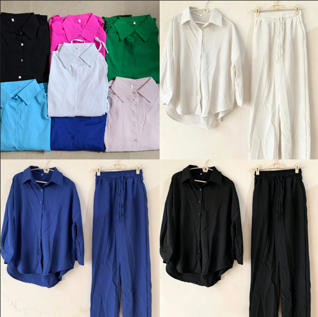 Women's Loose Stretch Crinkle Long Sleeve Shirt & Wide Leg Pants 2-Piece Set