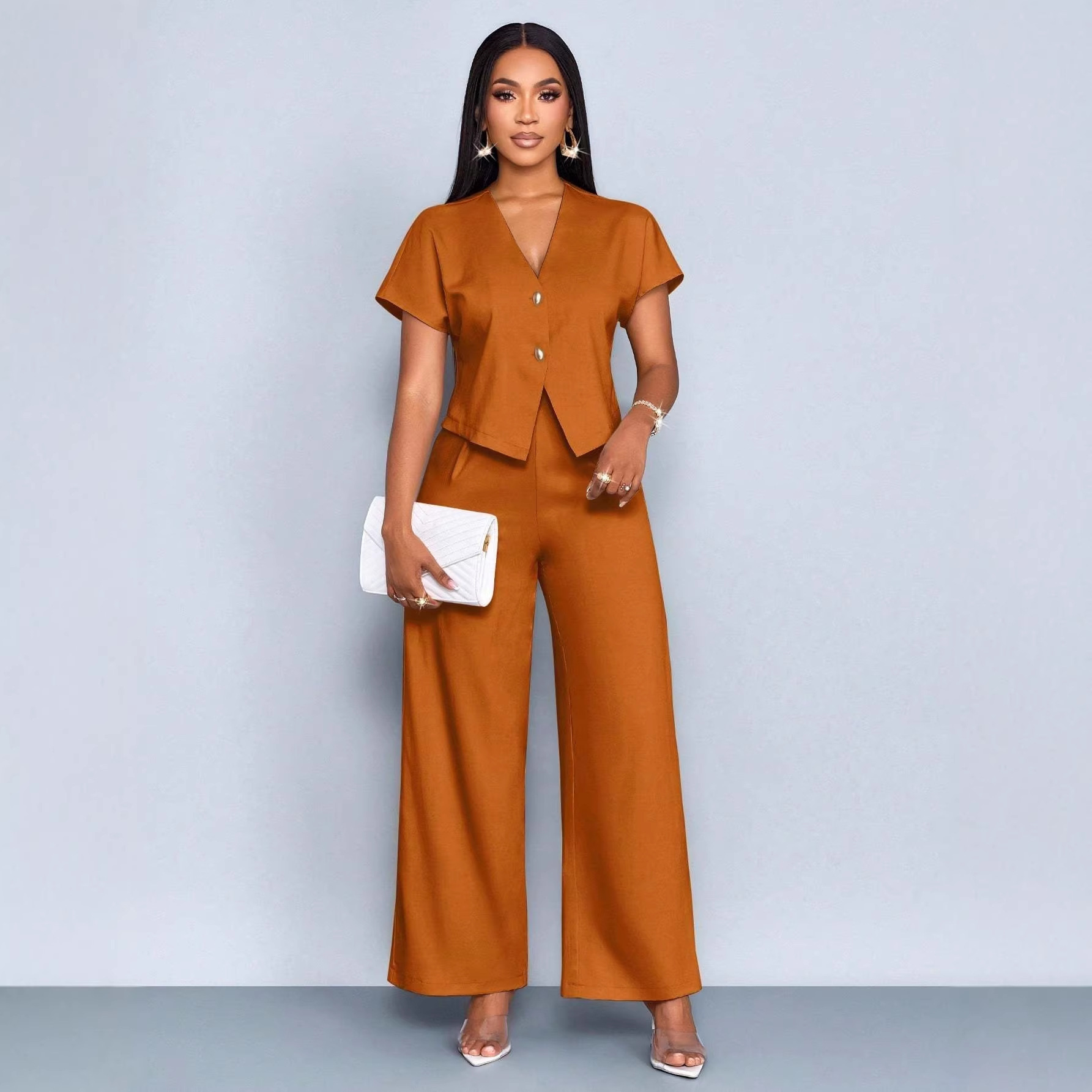 Women's V-Neck Asymmetric Cardigan & Wide-Leg Pants Plus Size Casual Two-Piece Set