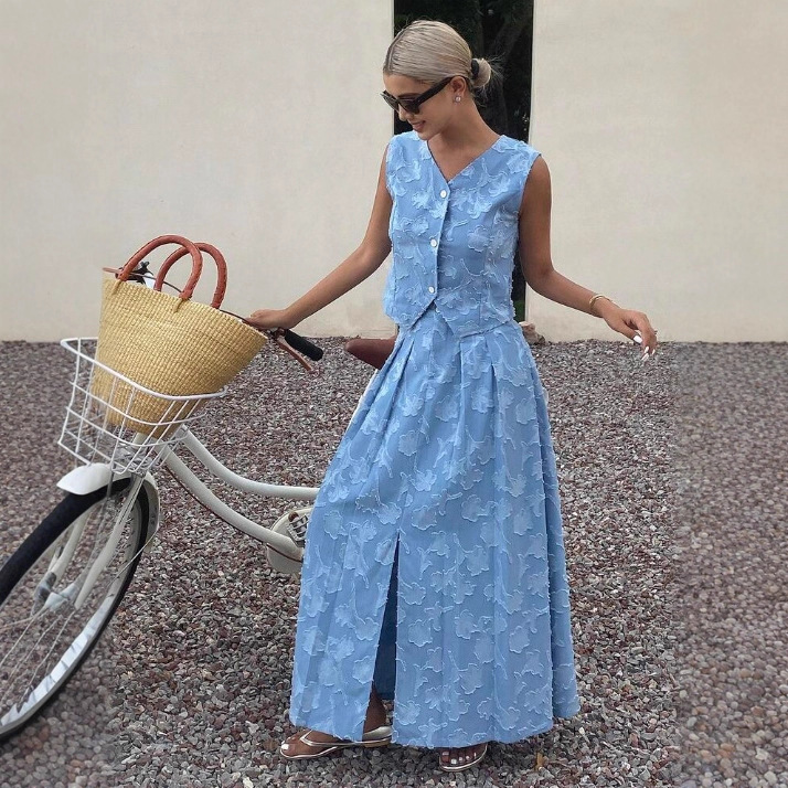 Women's Jacquard Vest and Long Skirt Set with Cinched Waist