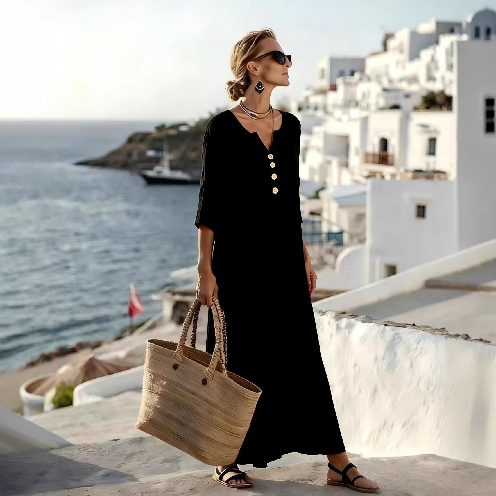 Relaxed V-Neck Long Dress Loose Elegant Casual Vacation