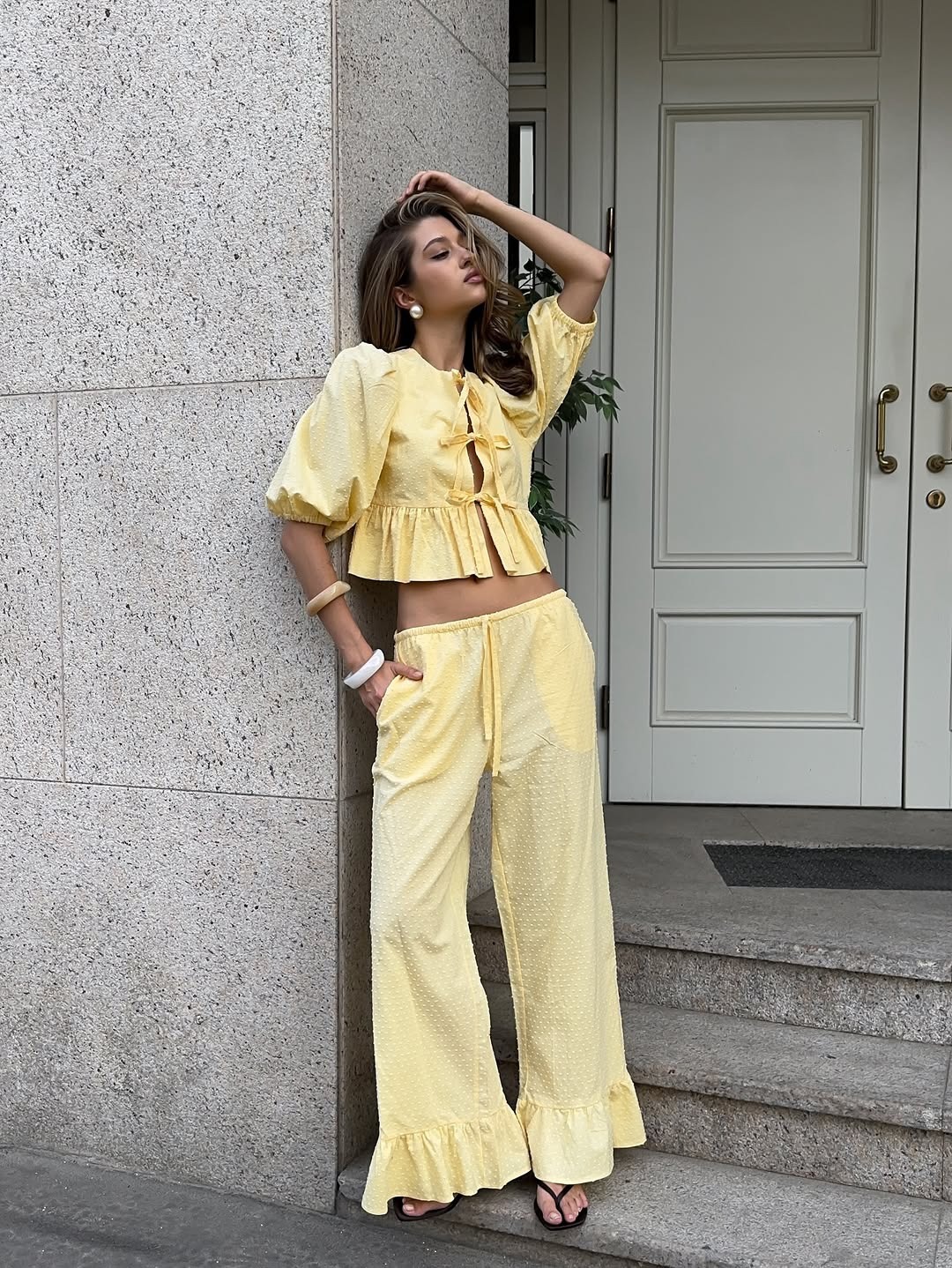 Women's Casual Short Sleeve Tie-Front Shirt and Ruffle Hem Pants Set