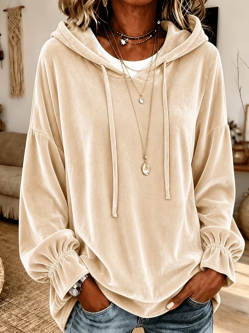 Women's Loose Hooded Velvet Sweatshirt with Drawstring