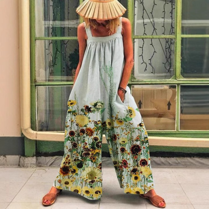 Women's Plus Size Floral Print Wide-Leg Jumpsuit with Straps