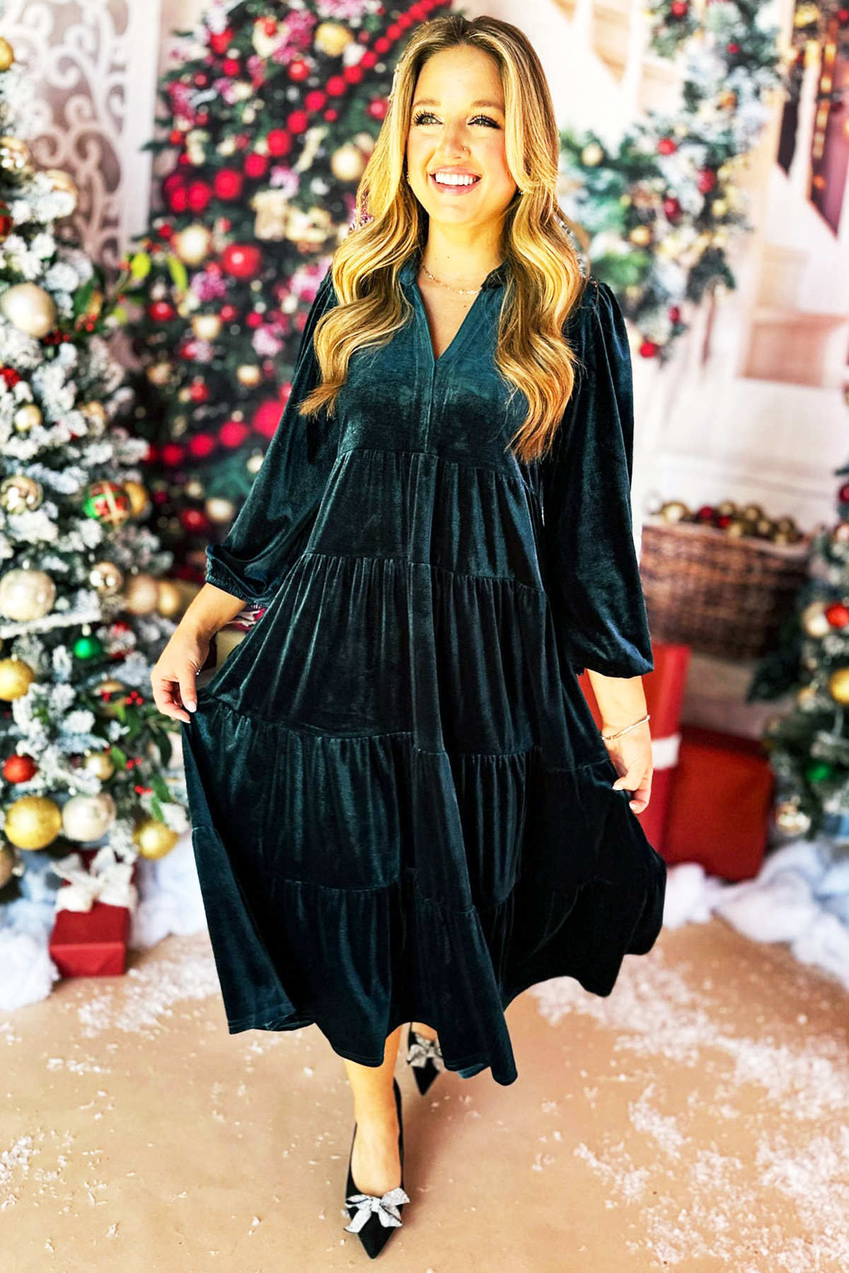 V-Neck Velvet Tiered Ruffle Maxi Dress