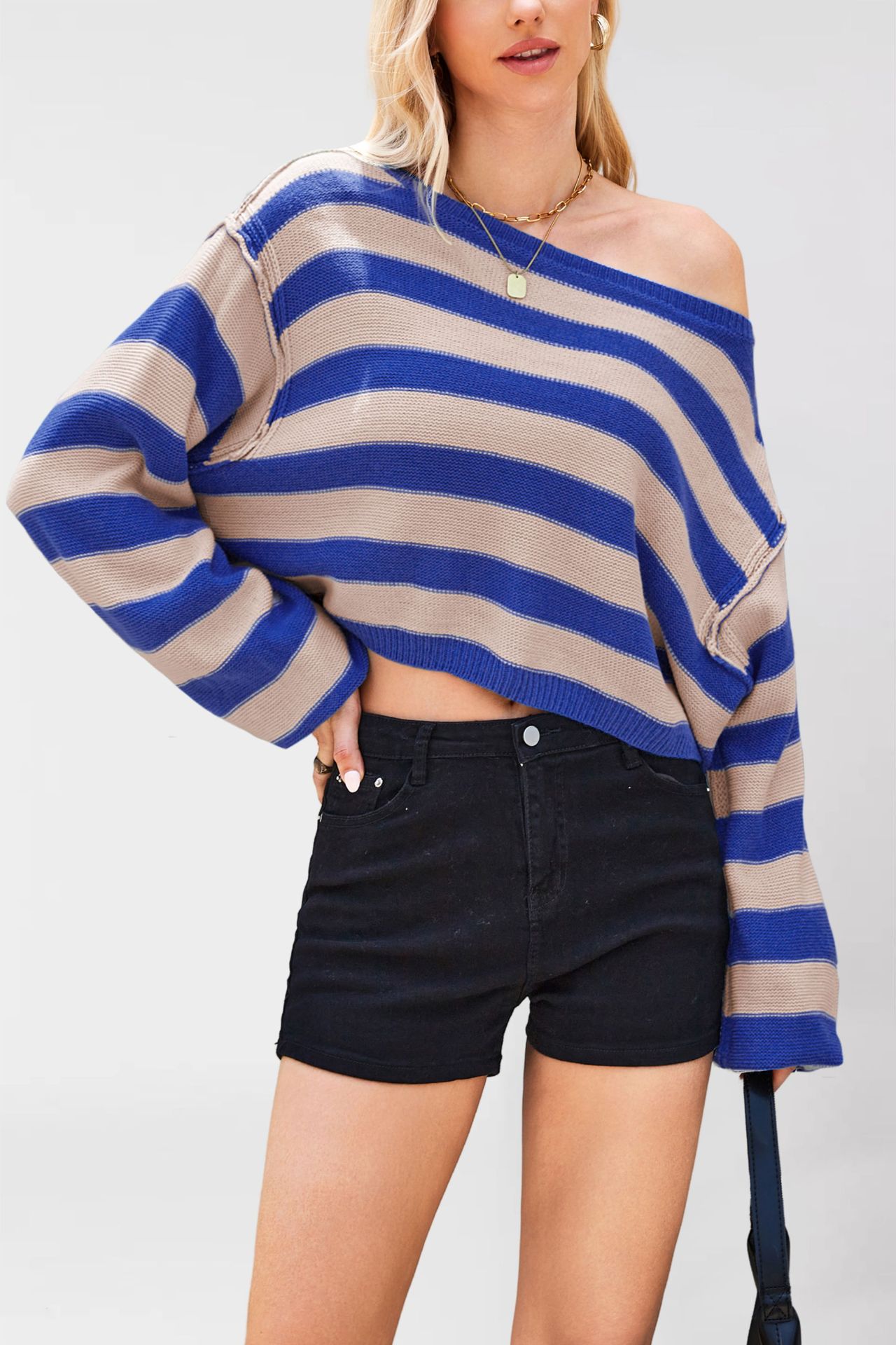 Striped Pullover Sweater Loose Short Knit Top