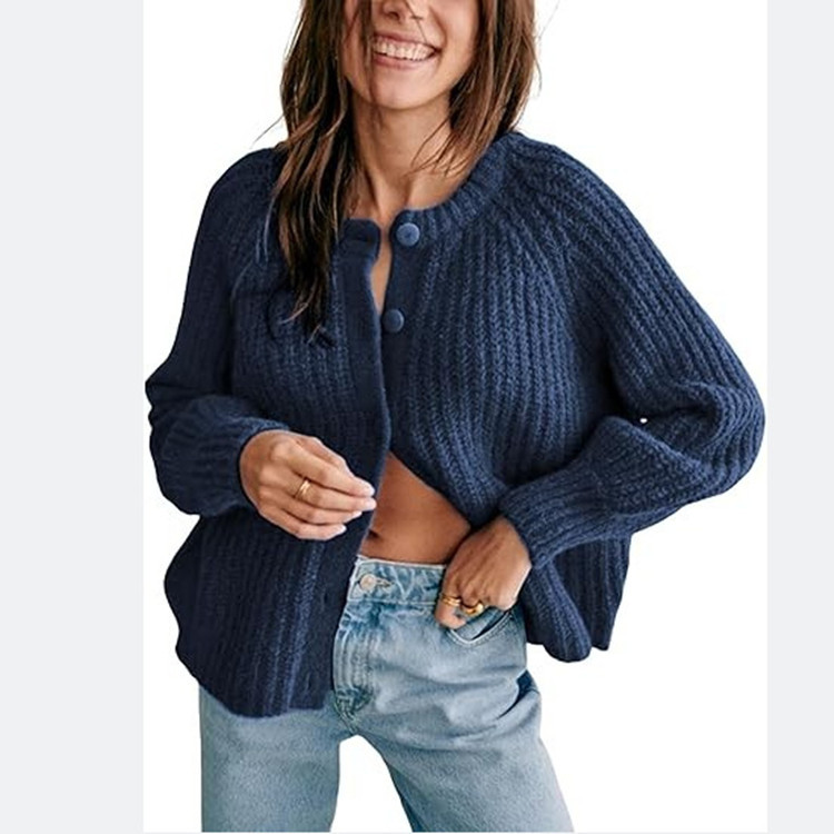 Women's Solid Knit Cardigan Crewneck Long Sleeve Sweater