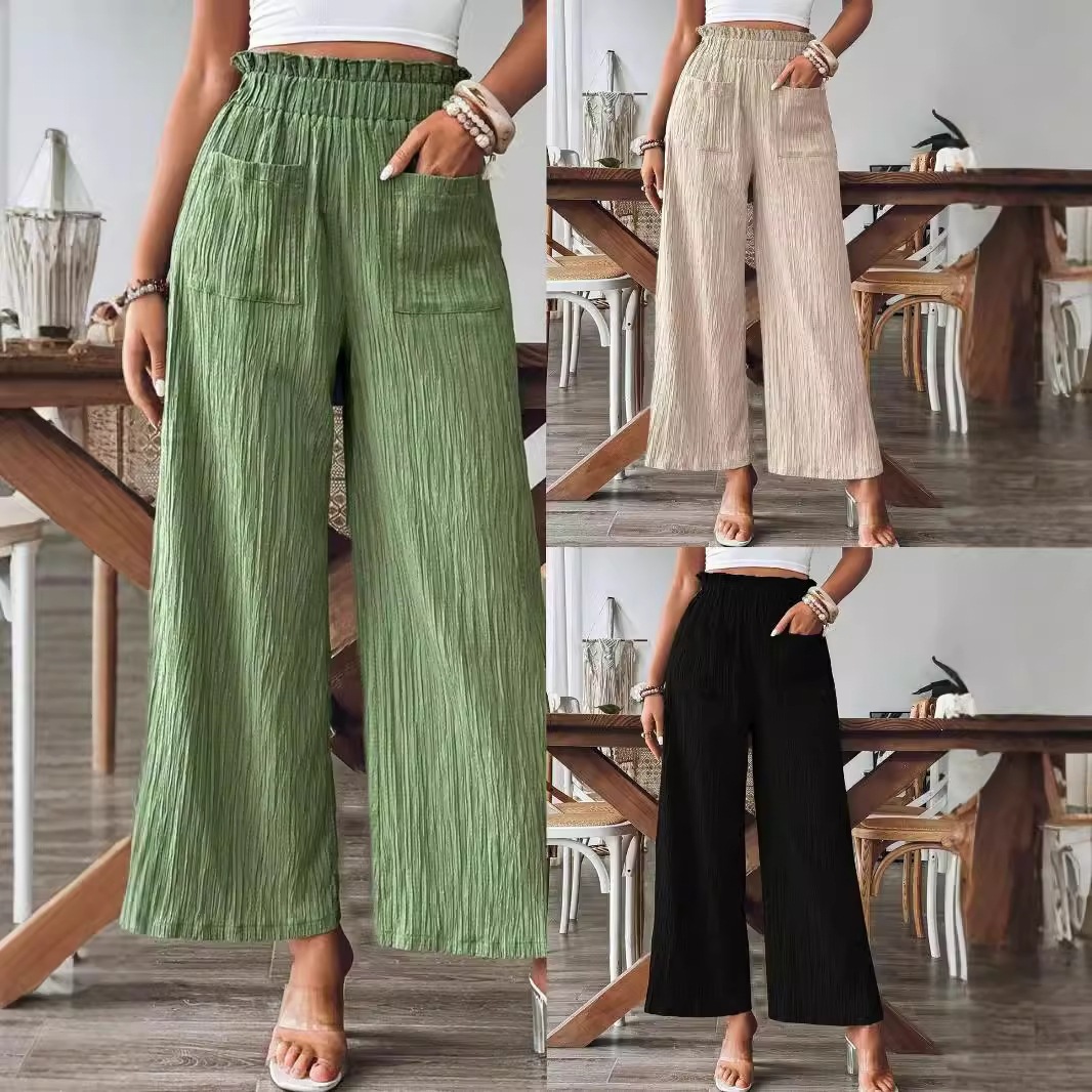 Women's Cropped Wide-Leg Pants with High Waist, Two Pockets, Textured Fabric, Slimming, Versatile, Commuter