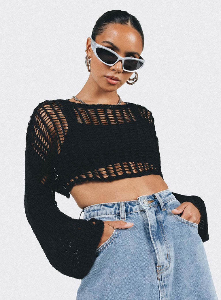 Women's Summer Crewneck Long Sleeve Open Knit Crop Top