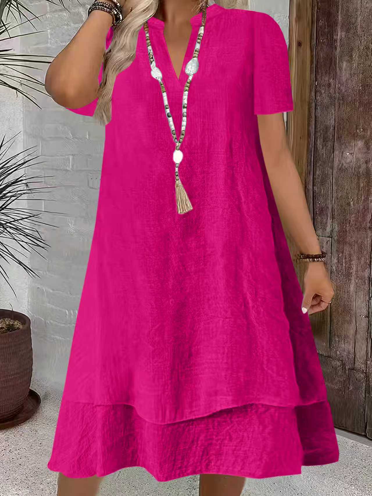 Women's Short Sleeve V-Neck Tiered Midi Dress Casual Loose Solid