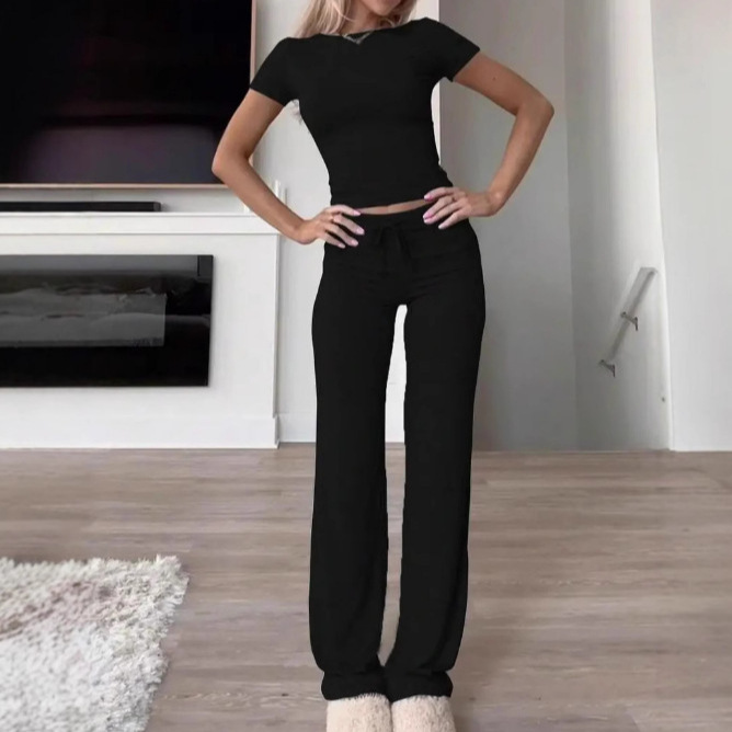 Women's Solid Color Short Sleeve Top & Long Pants Two-Piece Set
