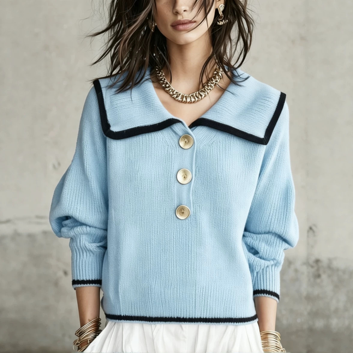 Retro Colorblock Oversized Collar Knit Sweater Loose Long Sleeve Top