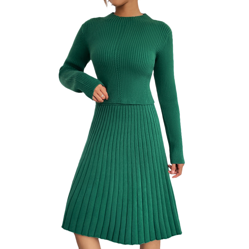Solid A-Line Pleated Midi Skirt & Knit Sweater Two-Piece Set