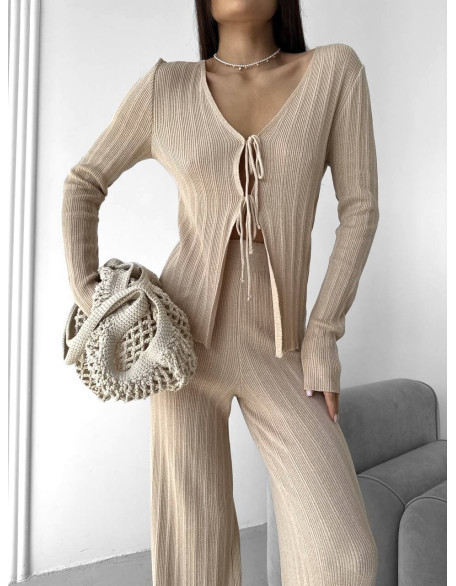 Women's Long Sleeve Tie-Front Cardigan and Pants Set