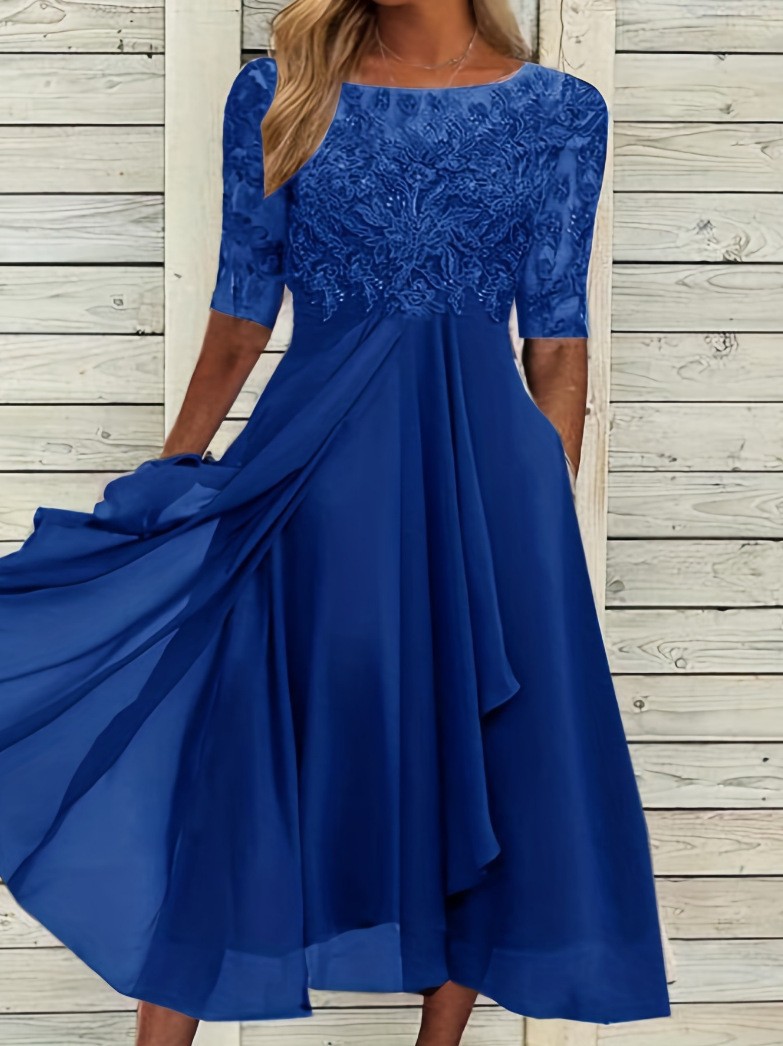 Chiffon Lace Hollow-Out Long Dress Round Neck Short Sleeve High Waist Bridesmaid Evening Gown