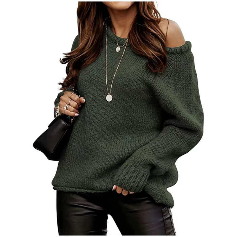 Off-Shoulder Crewneck Pullover Knit Sweater Solid Color Loose Fit