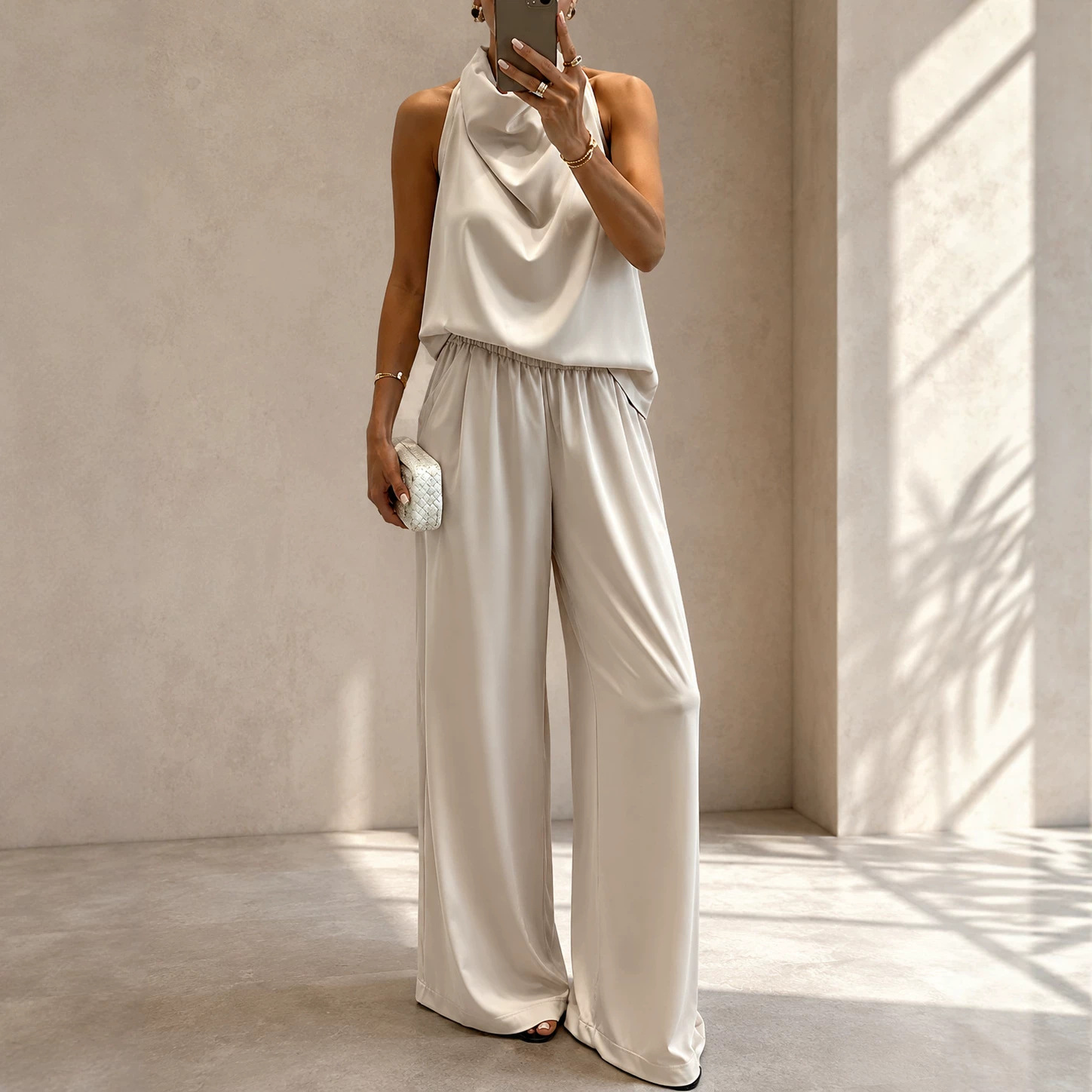 Women's Summer Halter V-Neck Sleeveless Top & High-Waist Wide-Leg Pants Set