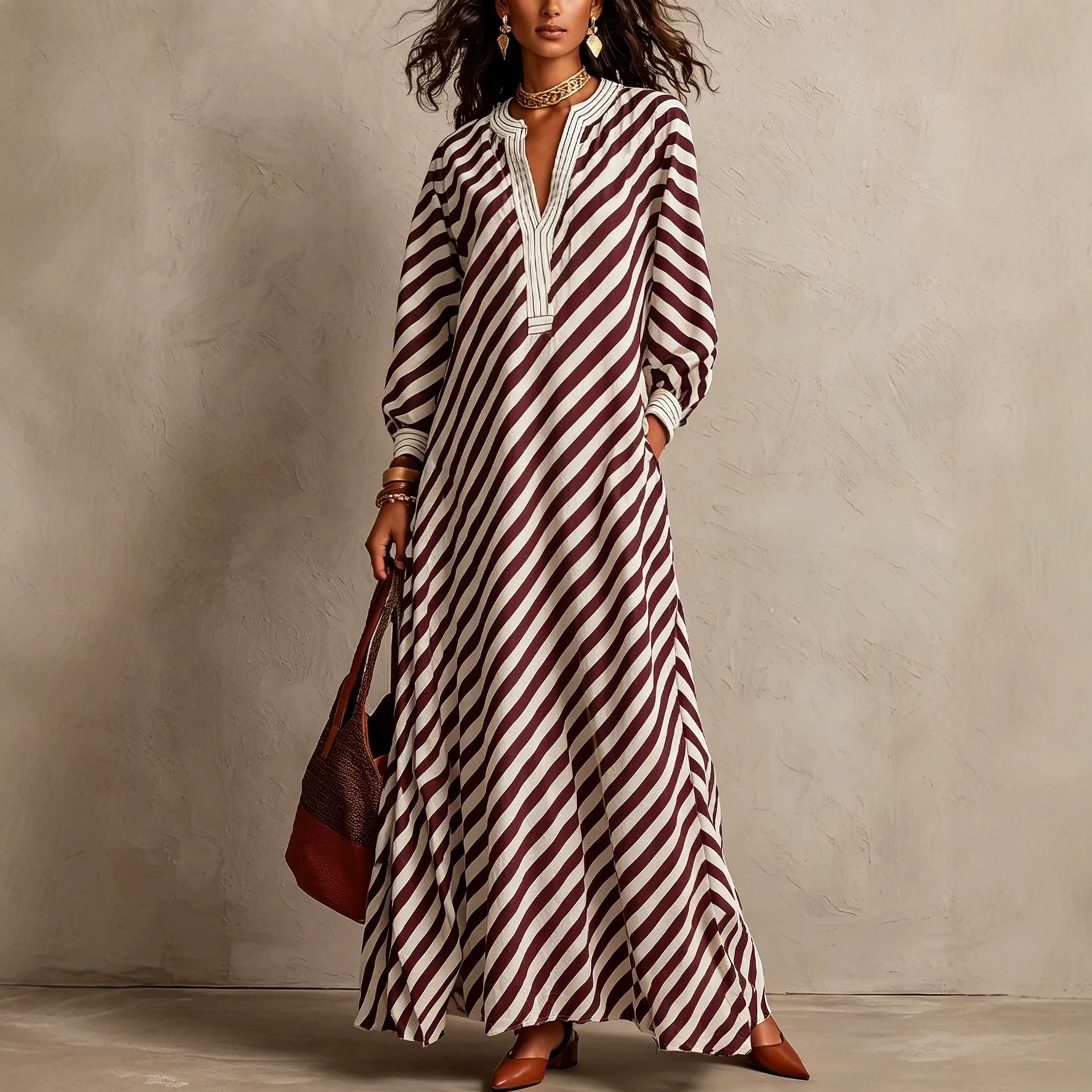 V-Neck Striped Loose Long Dress