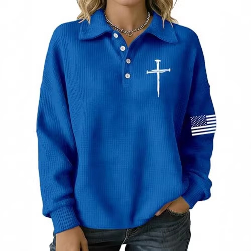 Women's Cross & American Flag Print Button Sweatshirt
