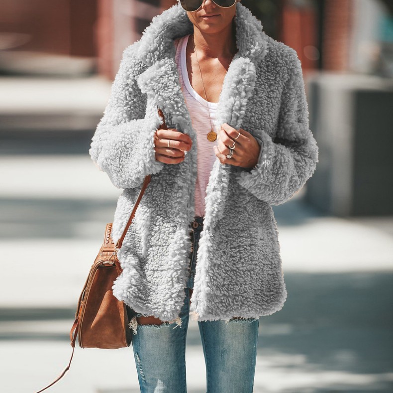Loose Warm Fleece Solid Color Long Sleeve Collared Cardigan Jacket