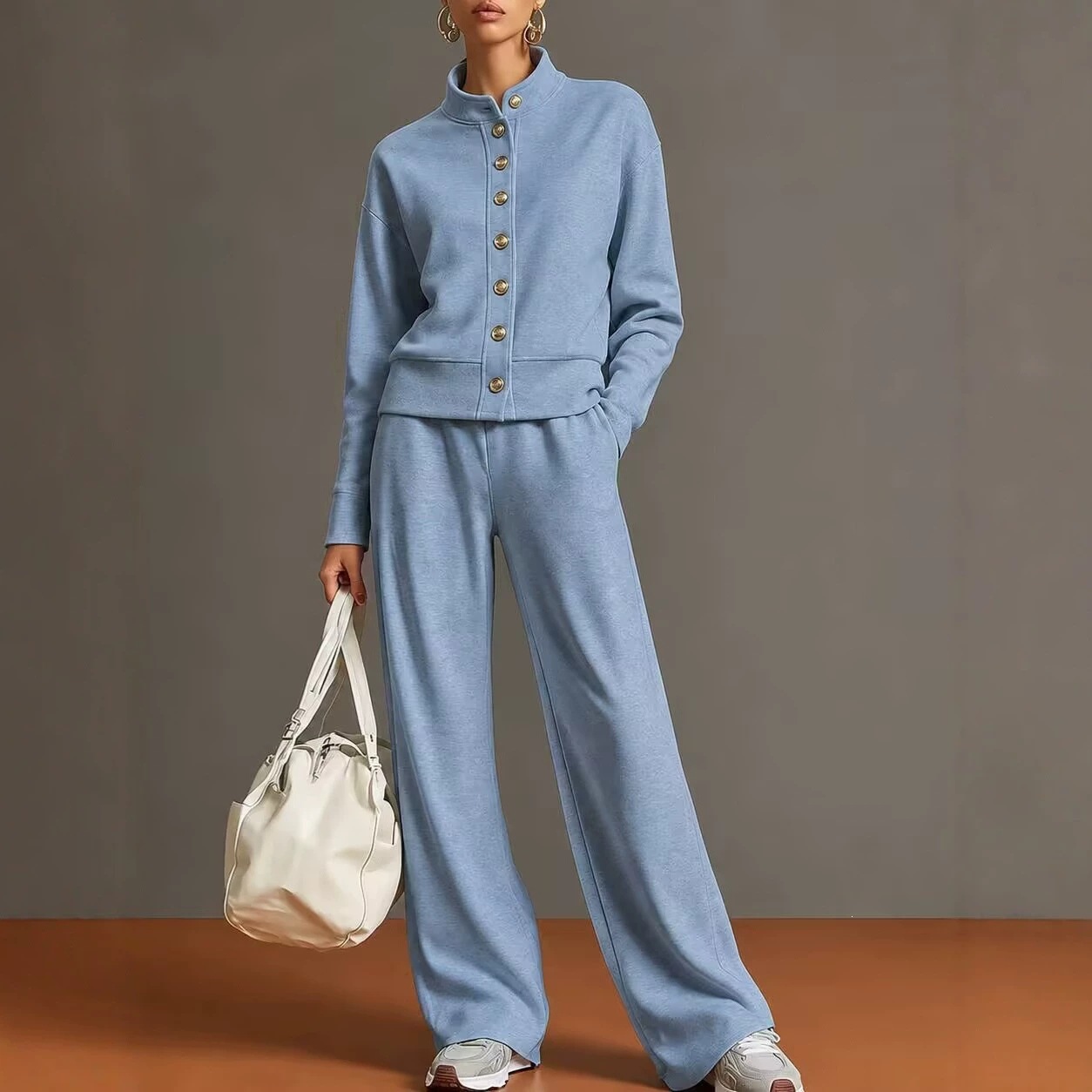 Solid Stand Collar Cardigan Hoodie & Wide-Leg Pants Set