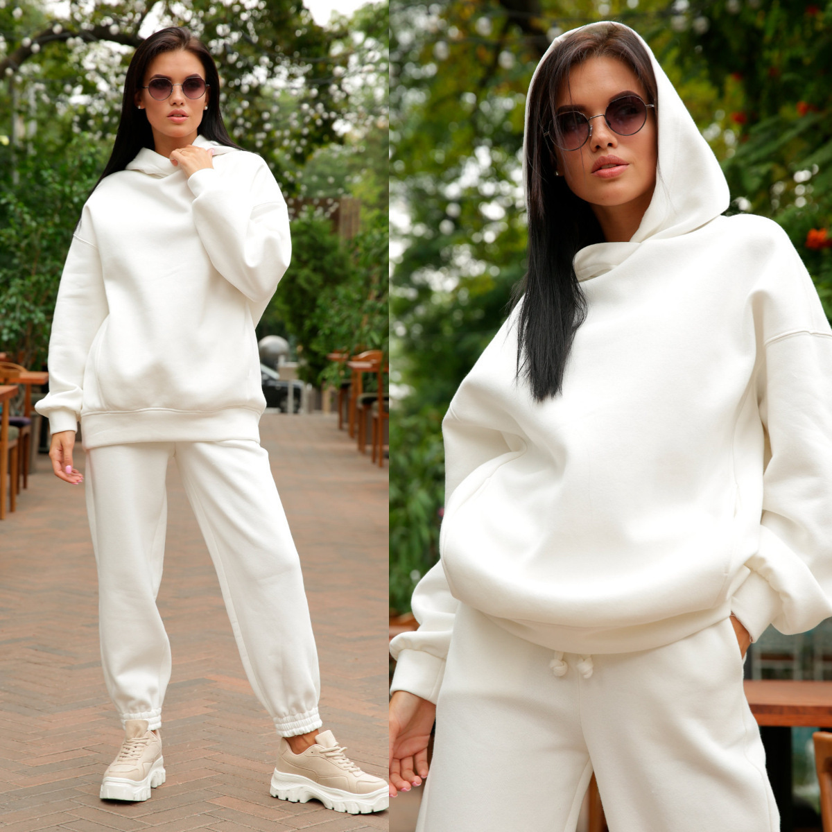 Women's Solid Color Hooded Sweatshirt Two-Piece Set Casual