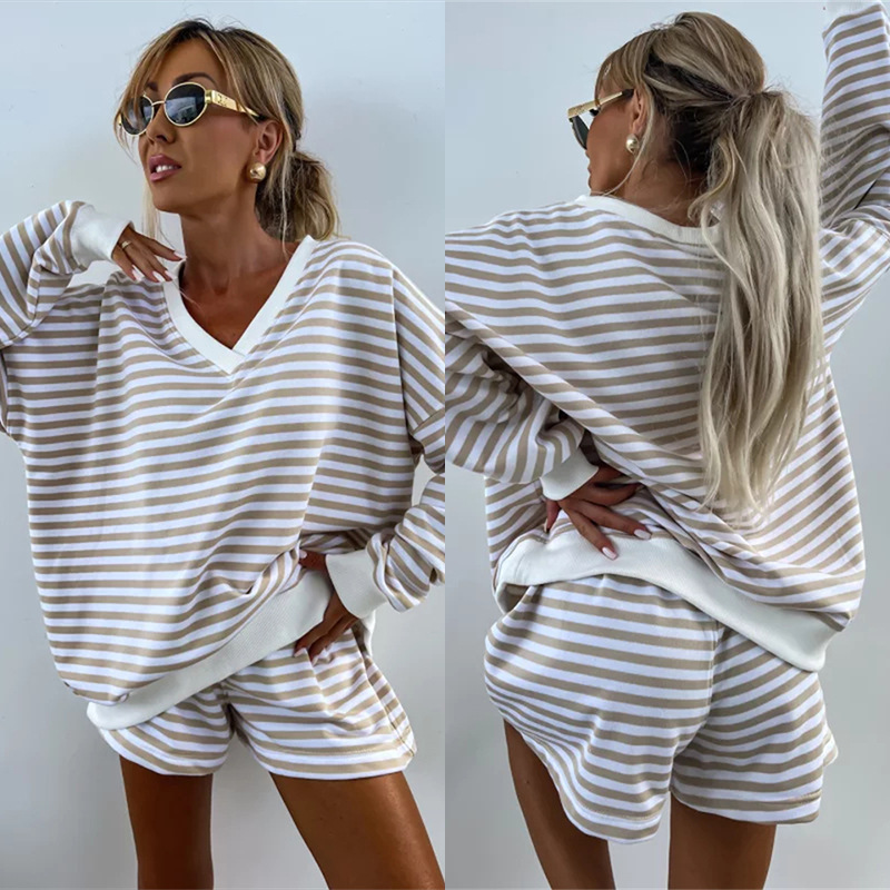 Women's Striped Long Sleeve V-Neck Loose Top and Shorts 2-Piece Set