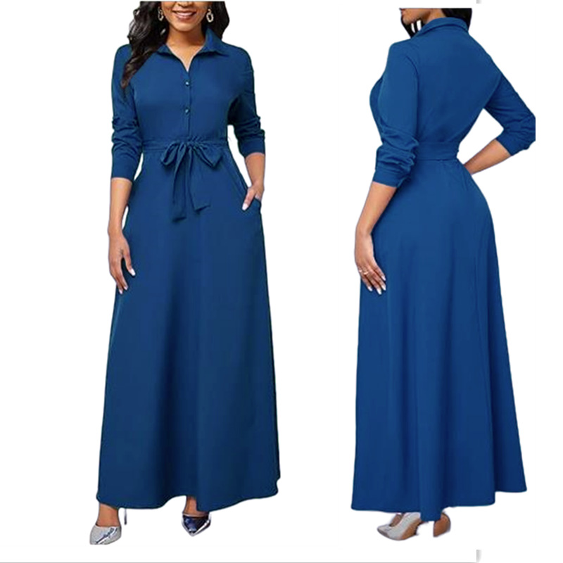 Women's Long Sleeve A-Line Midi Dress with Waist Tie and Blazer Collar