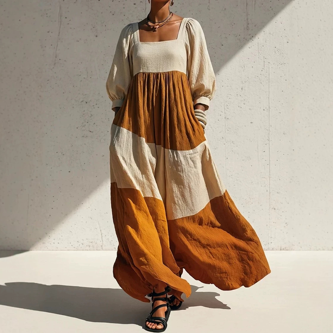 Color-Block Square-Neck Long Sleeve Cotton-Linen Dress