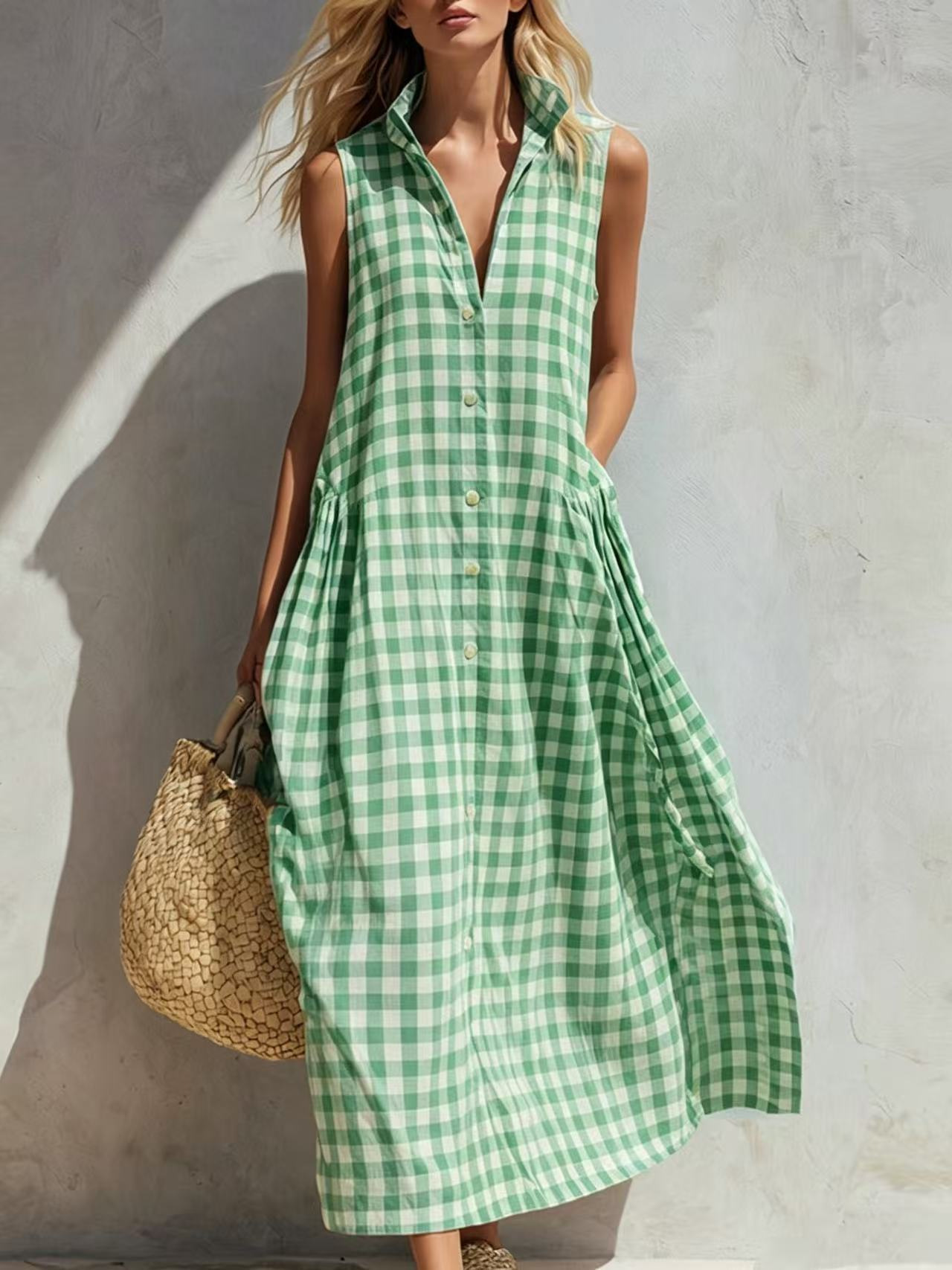 Sleeveless Plaid Loose Long Dress