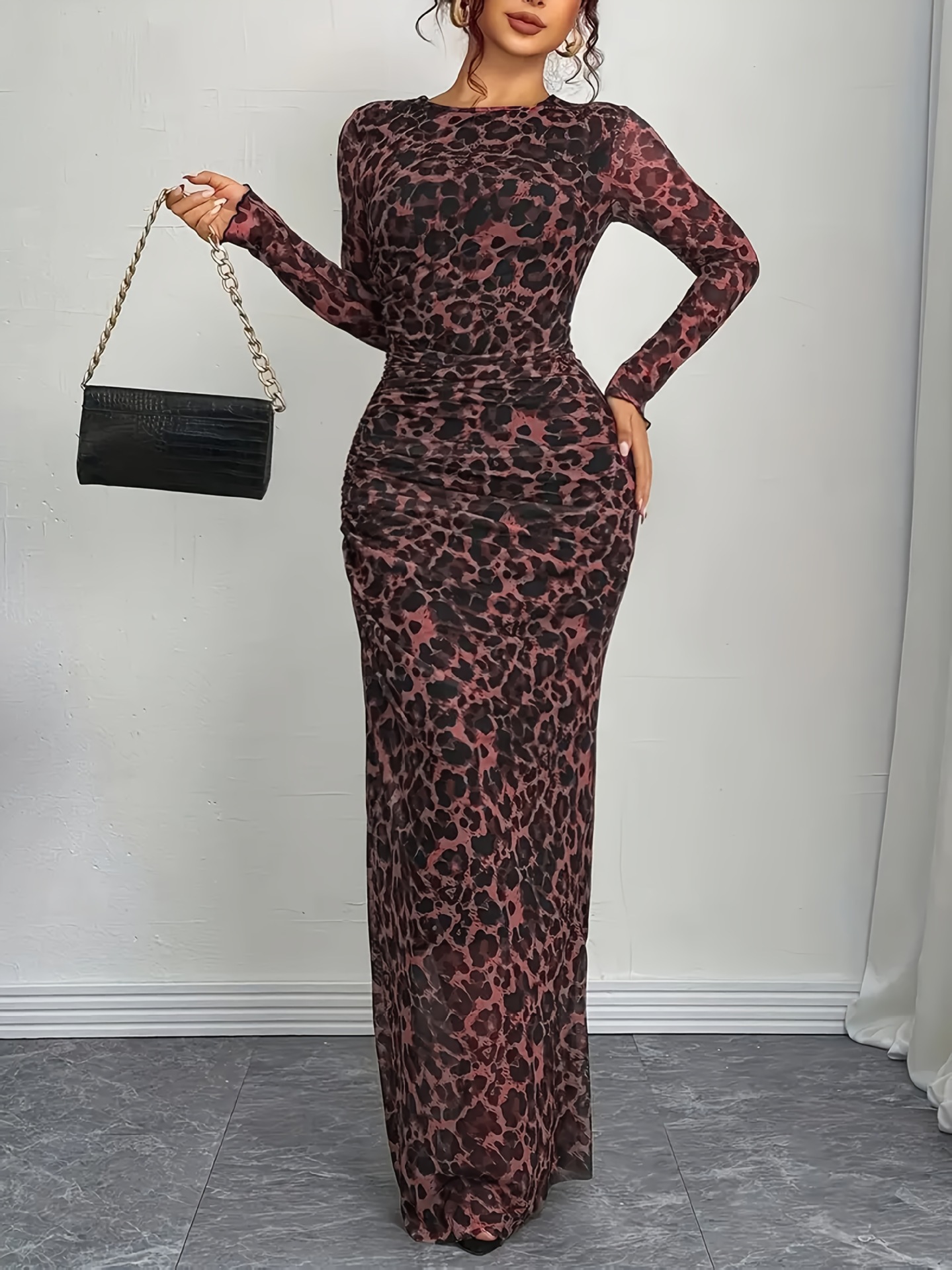 Women's Elegant Leopard Print Mesh Bodycon Long Sleeve Dress