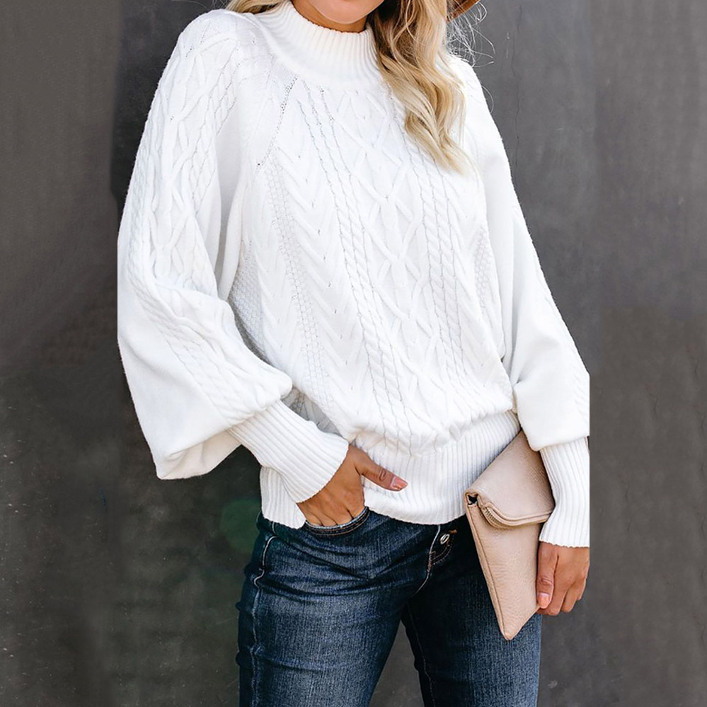 Women's Mock Neck Sweater Loose Fit Long Sleeve Knit Solid Color Pullover