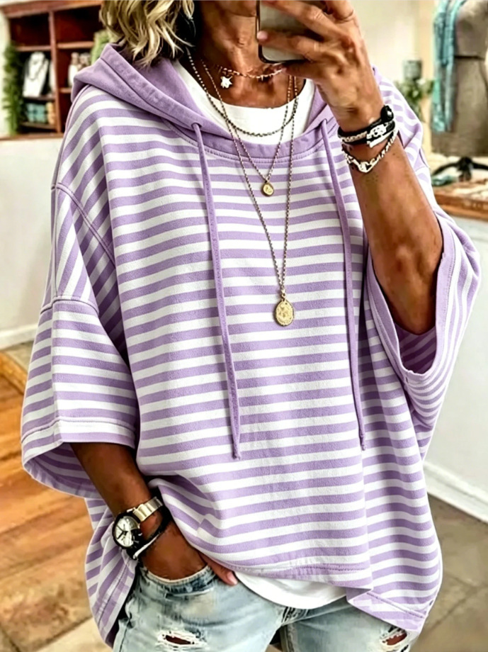Women's Striped Hooded Pullover Sweatshirt with 3/4 Sleeves