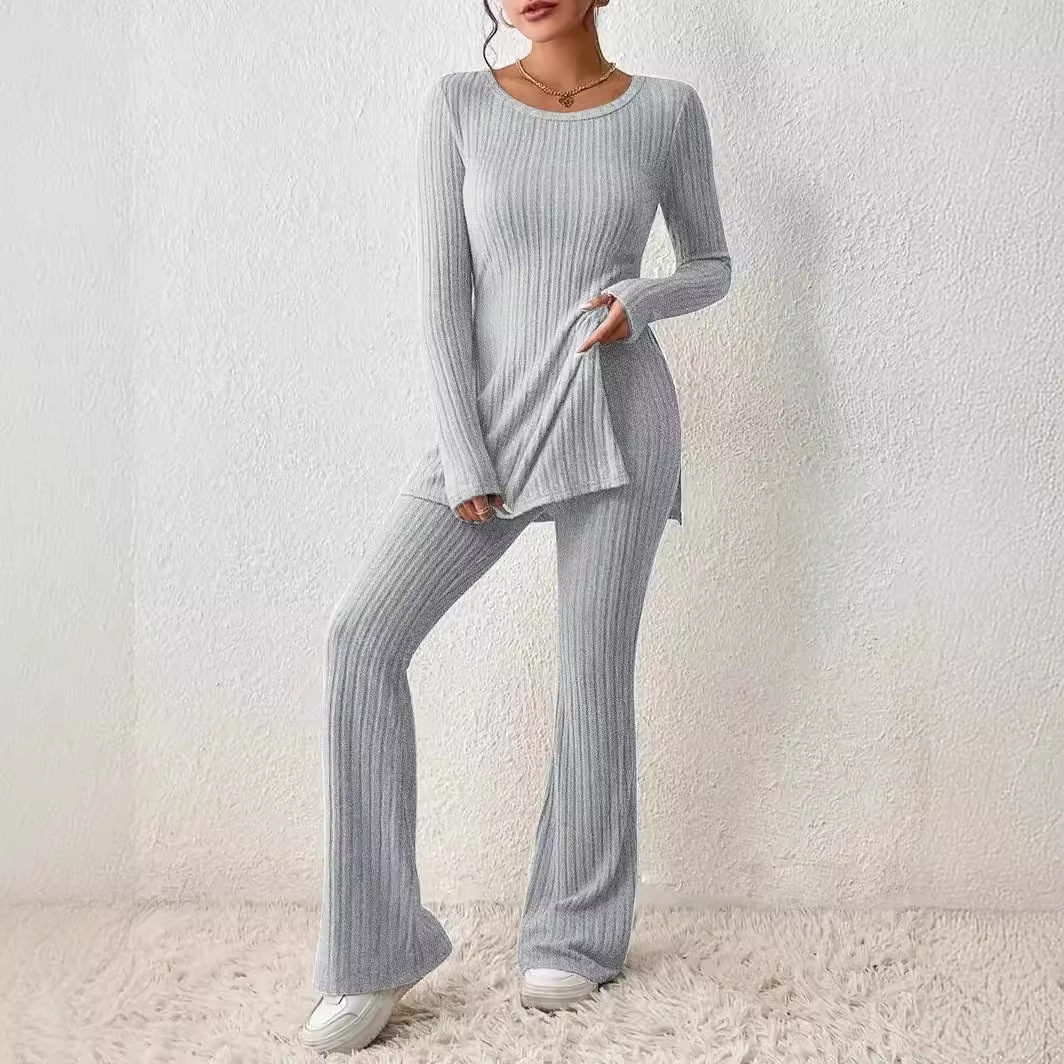 Women's Solid Color Slim Fit Ribbed Knit Lounge Set Long Sleeve Sweater and Pants