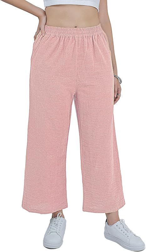 Women's Cotton-Linen Wide-Leg Capri Pants High-Waist Loose Casual
